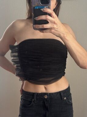 Strapless Black Ruching Tulle Tube Top